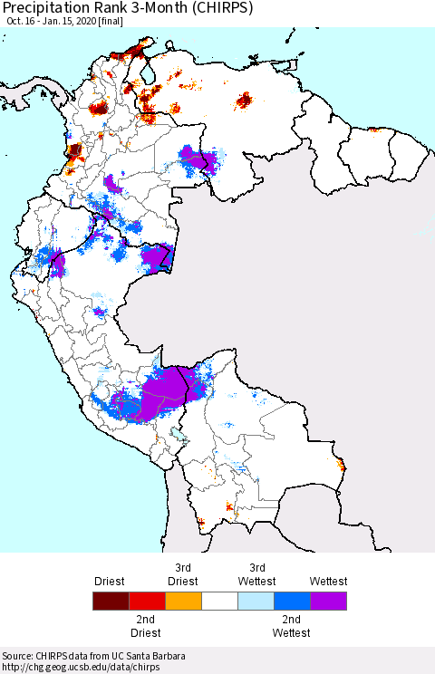 Northern South America Precipitation Rank since 1981, 3-Month (CHIRPS) Thematic Map For 10/16/2019 - 1/15/2020
