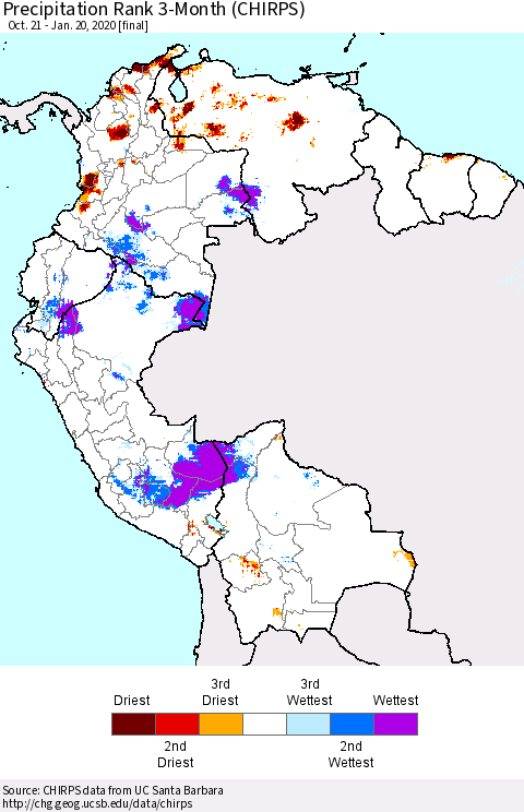 Northern South America Precipitation Rank since 1981, 3-Month (CHIRPS) Thematic Map For 10/21/2019 - 1/20/2020