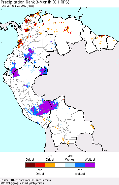 Northern South America Precipitation Rank since 1981, 3-Month (CHIRPS) Thematic Map For 10/26/2019 - 1/25/2020