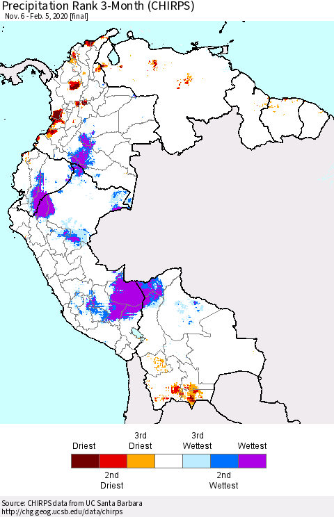 Northern South America Precipitation Rank 3-Month (CHIRPS) Thematic Map For 11/6/2019 - 2/5/2020