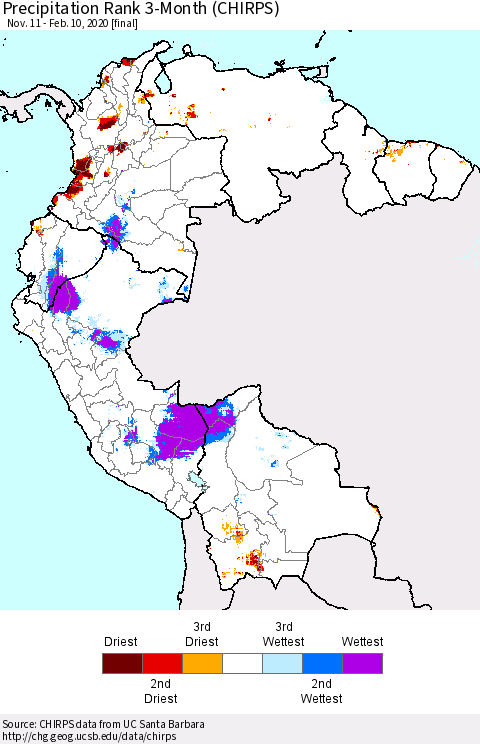 Northern South America Precipitation Rank 3-Month (CHIRPS) Thematic Map For 11/11/2019 - 2/10/2020