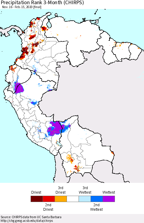 Northern South America Precipitation Rank since 1981, 3-Month (CHIRPS) Thematic Map For 11/16/2019 - 2/15/2020