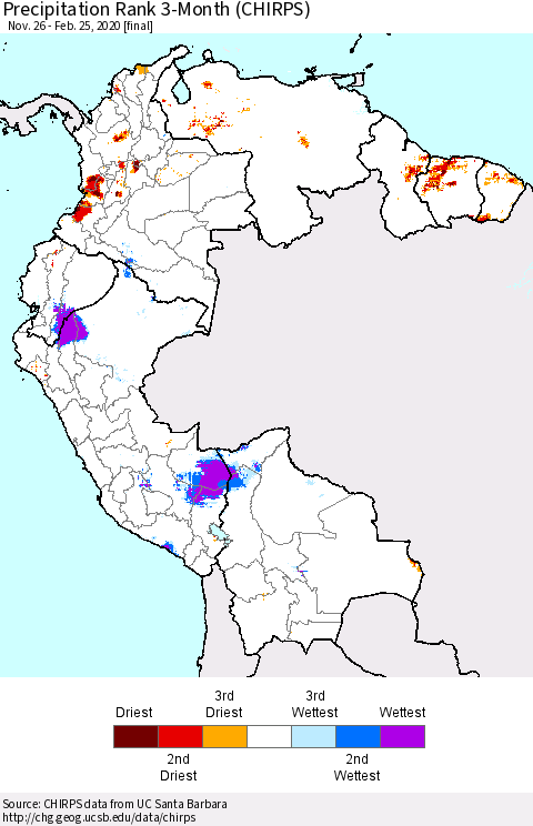 Northern South America Precipitation Rank since 1981, 3-Month (CHIRPS) Thematic Map For 11/26/2019 - 2/25/2020