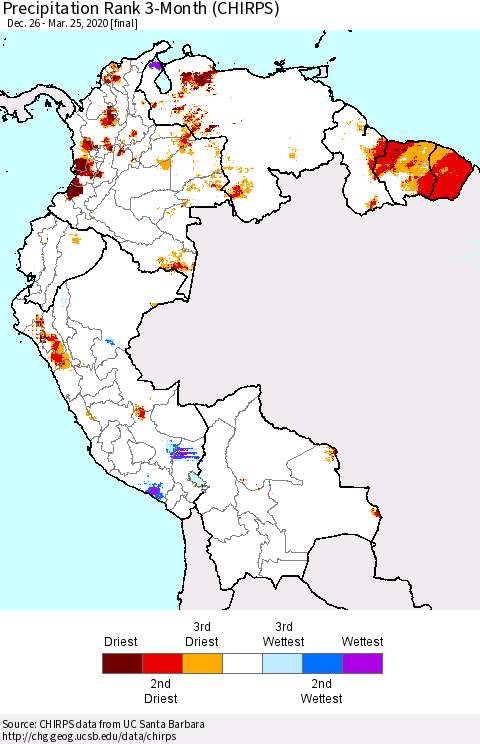 Northern South America Precipitation Rank 3-Month (CHIRPS) Thematic Map For 12/26/2019 - 3/25/2020