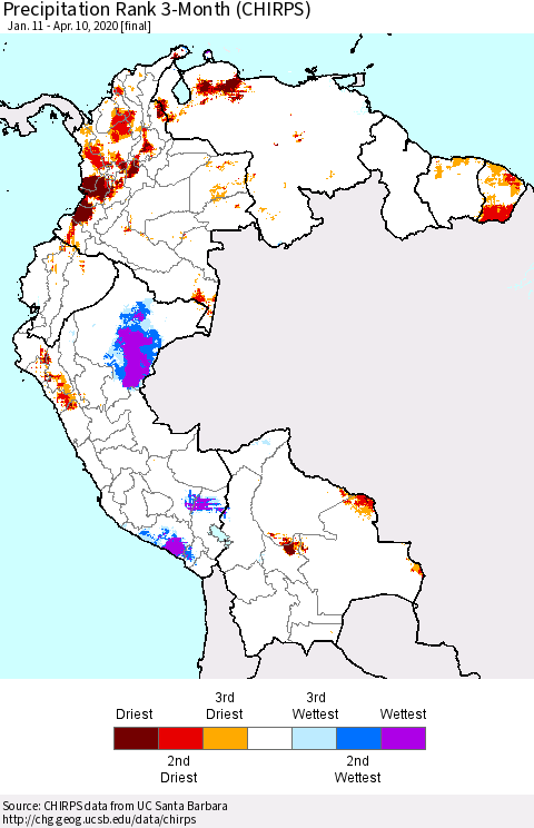 Northern South America Precipitation Rank 3-Month (CHIRPS) Thematic Map For 1/11/2020 - 4/10/2020