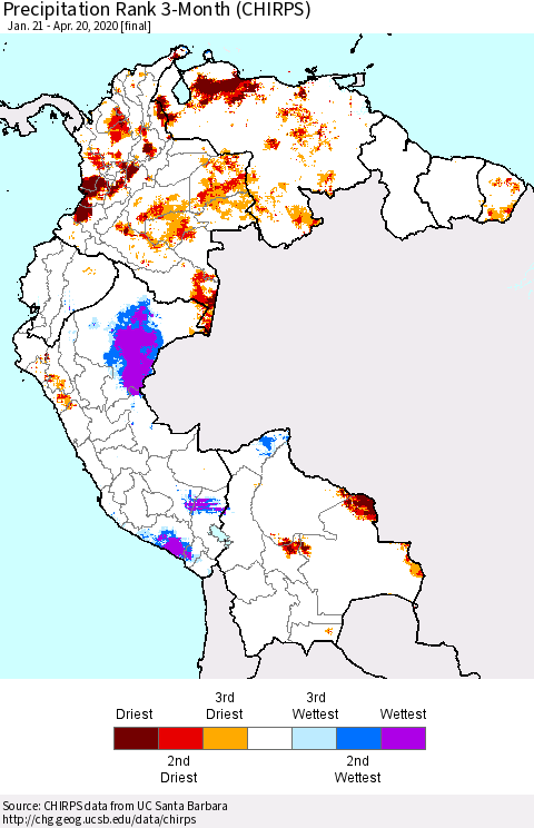 Northern South America Precipitation Rank since 1981, 3-Month (CHIRPS) Thematic Map For 1/21/2020 - 4/20/2020