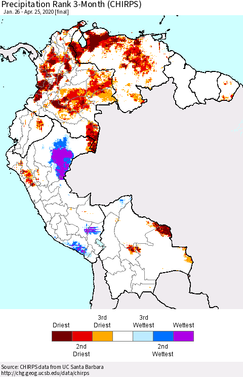 Northern South America Precipitation Rank since 1981, 3-Month (CHIRPS) Thematic Map For 1/26/2020 - 4/25/2020