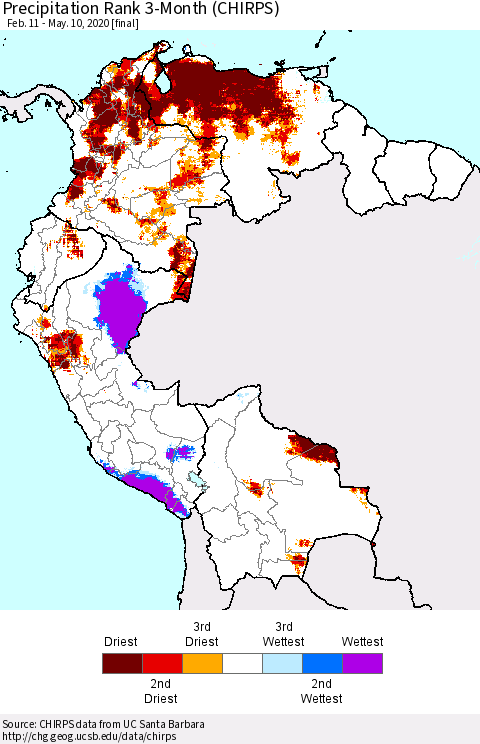 Northern South America Precipitation Rank 3-Month (CHIRPS) Thematic Map For 2/11/2020 - 5/10/2020