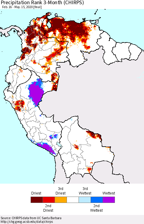 Northern South America Precipitation Rank since 1981, 3-Month (CHIRPS) Thematic Map For 2/16/2020 - 5/15/2020