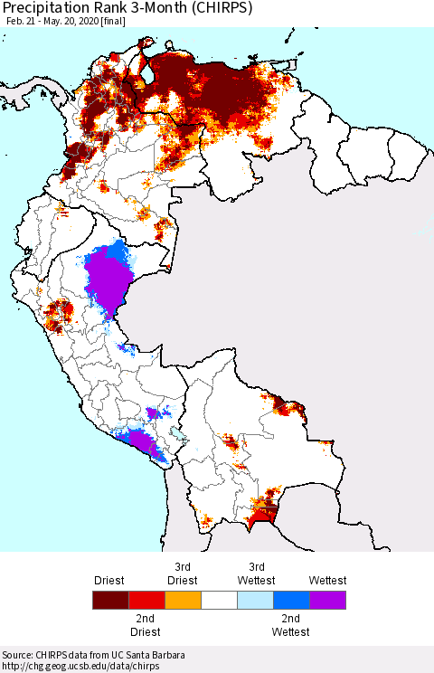 Northern South America Precipitation Rank since 1981, 3-Month (CHIRPS) Thematic Map For 2/21/2020 - 5/20/2020