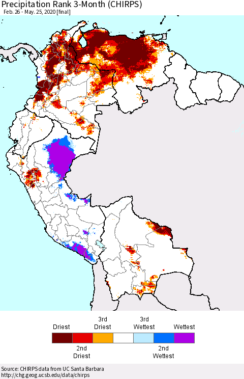 Northern South America Precipitation Rank 3-Month (CHIRPS) Thematic Map For 2/26/2020 - 5/25/2020