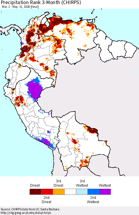 Northern South America Precipitation Rank since 1981, 3-Month (CHIRPS) Thematic Map For 3/1/2020 - 5/31/2020