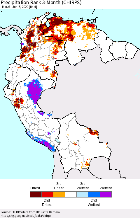 Northern South America Precipitation Rank 3-Month (CHIRPS) Thematic Map For 3/6/2020 - 6/5/2020