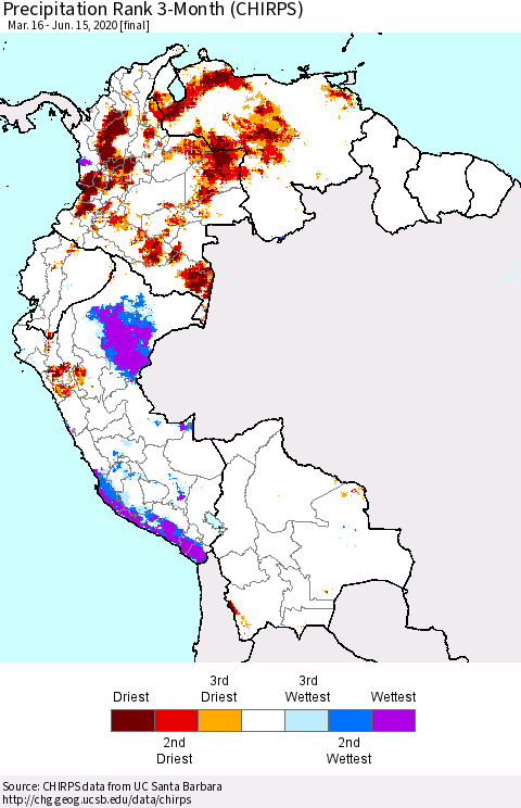 Northern South America Precipitation Rank since 1981, 3-Month (CHIRPS) Thematic Map For 3/16/2020 - 6/15/2020
