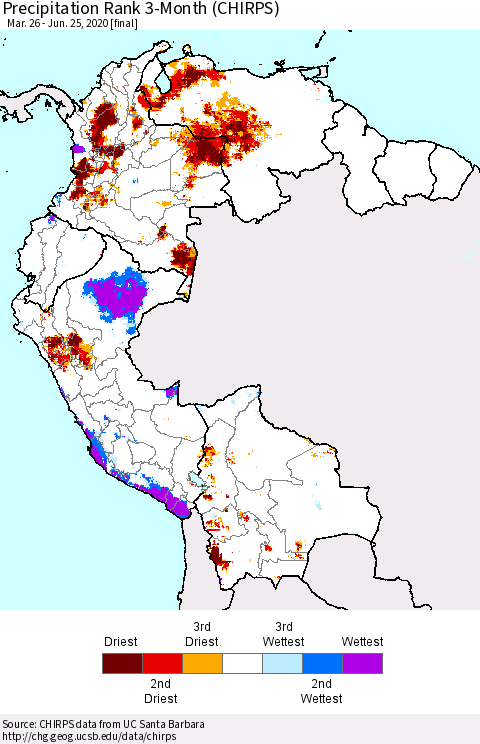 Northern South America Precipitation Rank 3-Month (CHIRPS) Thematic Map For 3/26/2020 - 6/25/2020