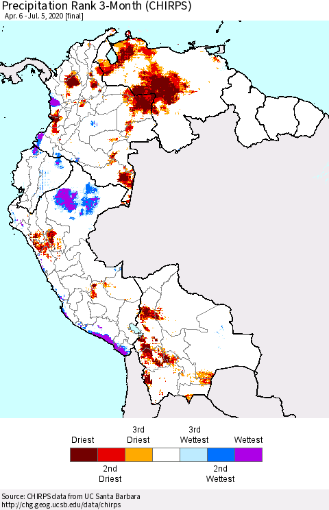 Northern South America Precipitation Rank since 1981, 3-Month (CHIRPS) Thematic Map For 4/6/2020 - 7/5/2020