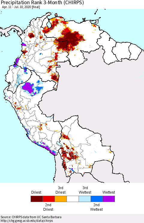 Northern South America Precipitation Rank since 1981, 3-Month (CHIRPS) Thematic Map For 4/11/2020 - 7/10/2020