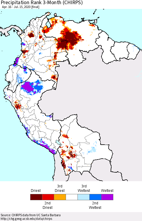 Northern South America Precipitation Rank 3-Month (CHIRPS) Thematic Map For 4/16/2020 - 7/15/2020