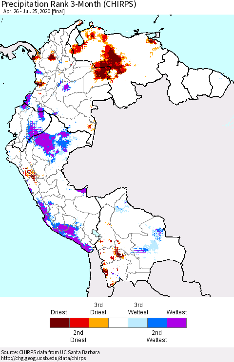 Northern South America Precipitation Rank 3-Month (CHIRPS) Thematic Map For 4/26/2020 - 7/25/2020