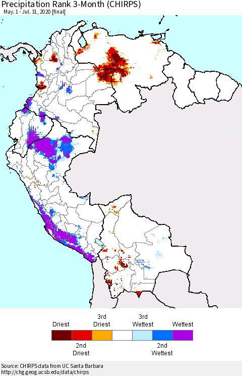 Northern South America Precipitation Rank 3-Month (CHIRPS) Thematic Map For 5/1/2020 - 7/31/2020