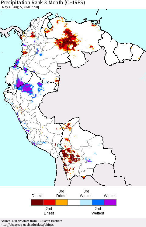 Northern South America Precipitation Rank since 1981, 3-Month (CHIRPS) Thematic Map For 5/6/2020 - 8/5/2020