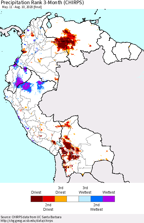 Northern South America Precipitation Rank since 1981, 3-Month (CHIRPS) Thematic Map For 5/11/2020 - 8/10/2020
