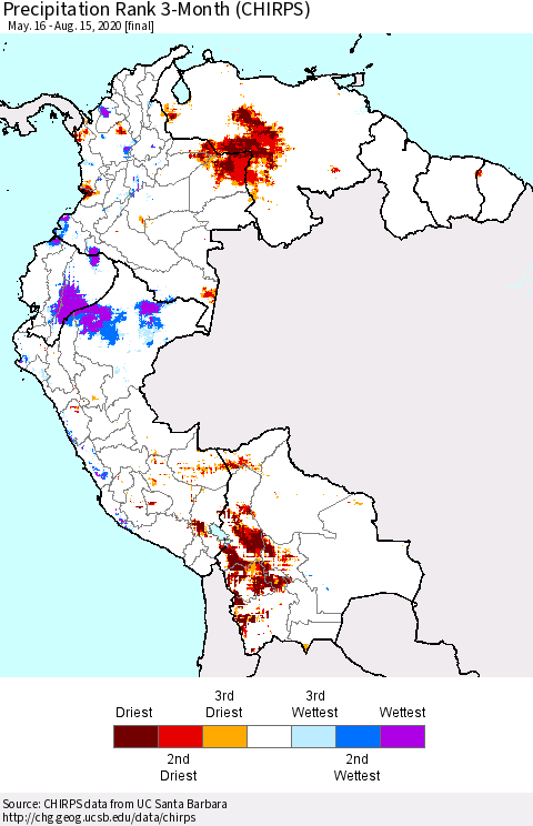 Northern South America Precipitation Rank 3-Month (CHIRPS) Thematic Map For 5/16/2020 - 8/15/2020