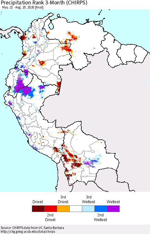 Northern South America Precipitation Rank since 1981, 3-Month (CHIRPS) Thematic Map For 5/21/2020 - 8/20/2020