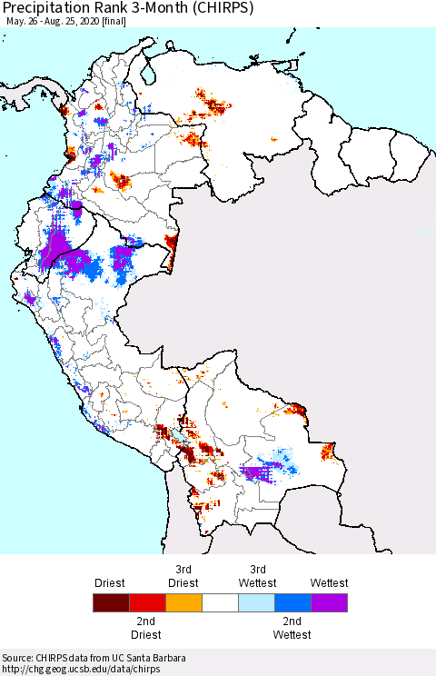 Northern South America Precipitation Rank since 1981, 3-Month (CHIRPS) Thematic Map For 5/26/2020 - 8/25/2020