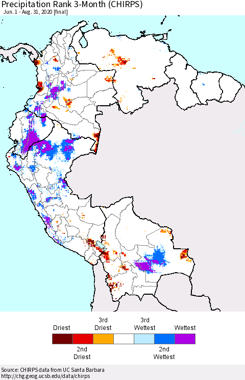 Northern South America Precipitation Rank since 1981, 3-Month (CHIRPS) Thematic Map For 6/1/2020 - 8/31/2020