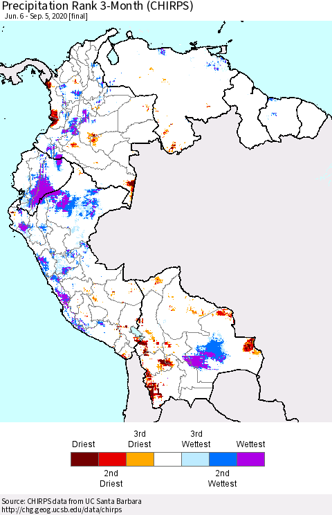 Northern South America Precipitation Rank 3-Month (CHIRPS) Thematic Map For 6/6/2020 - 9/5/2020