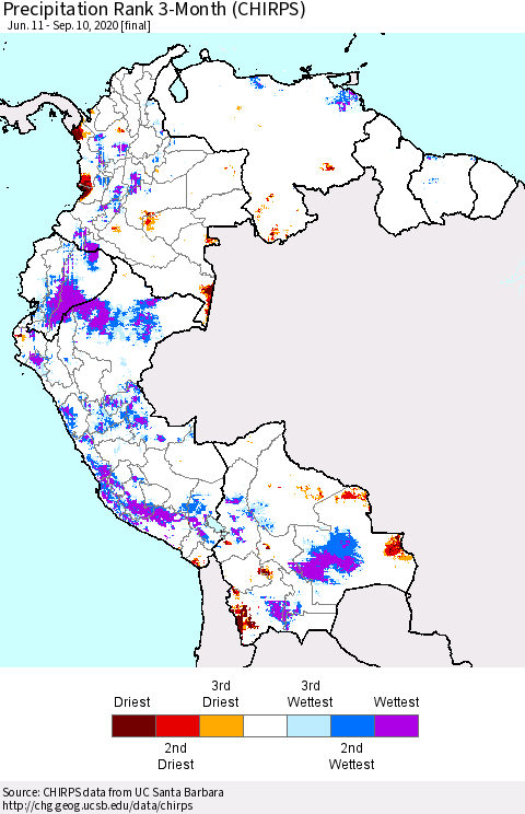 Northern South America Precipitation Rank 3-Month (CHIRPS) Thematic Map For 6/11/2020 - 9/10/2020