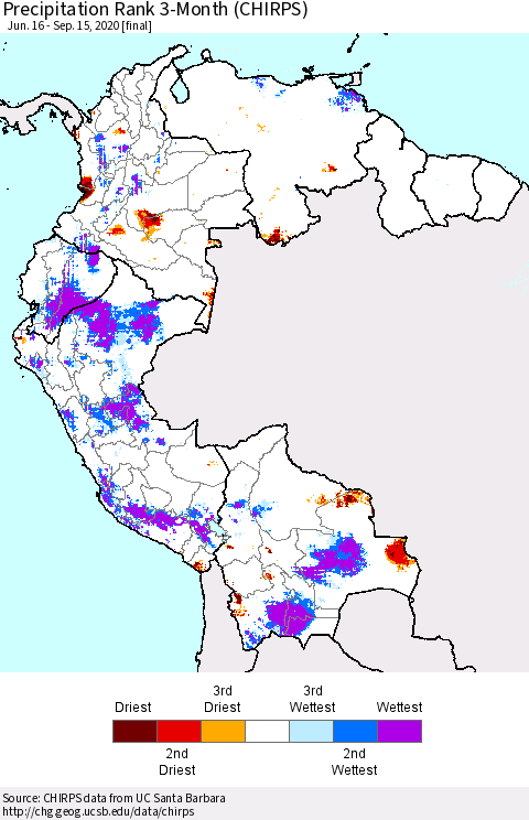 Northern South America Precipitation Rank 3-Month (CHIRPS) Thematic Map For 6/16/2020 - 9/15/2020