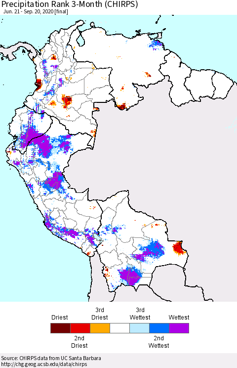 Northern South America Precipitation Rank 3-Month (CHIRPS) Thematic Map For 6/21/2020 - 9/20/2020