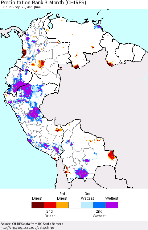Northern South America Precipitation Rank 3-Month (CHIRPS) Thematic Map For 6/26/2020 - 9/25/2020