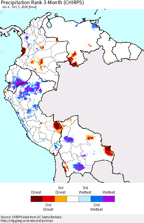 Northern South America Precipitation Rank 3-Month (CHIRPS) Thematic Map For 7/6/2020 - 10/5/2020