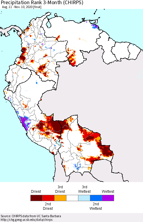 Northern South America Precipitation Rank 3-Month (CHIRPS) Thematic Map For 8/11/2020 - 11/10/2020