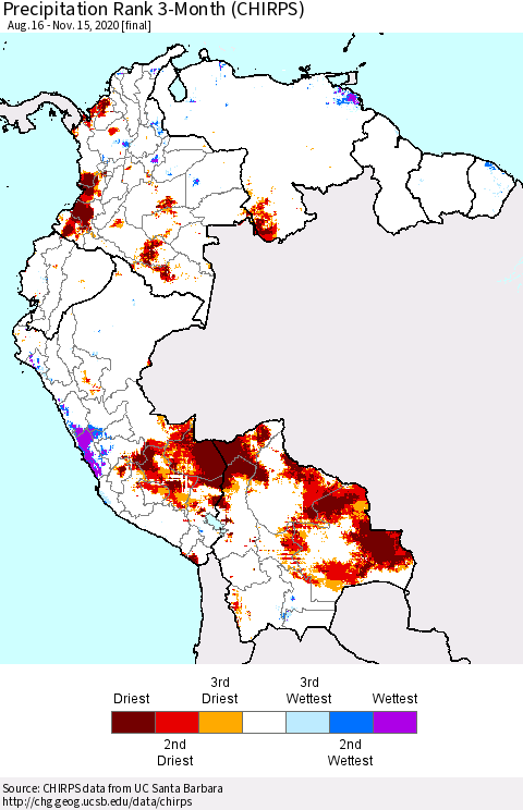 Northern South America Precipitation Rank 3-Month (CHIRPS) Thematic Map For 8/16/2020 - 11/15/2020