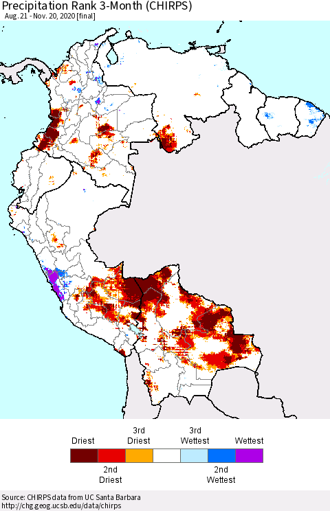 Northern South America Precipitation Rank since 1981, 3-Month (CHIRPS) Thematic Map For 8/21/2020 - 11/20/2020