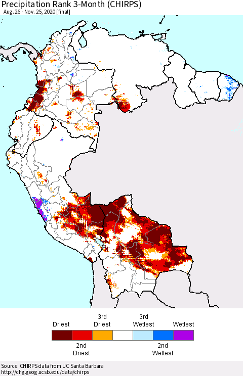 Northern South America Precipitation Rank 3-Month (CHIRPS) Thematic Map For 8/26/2020 - 11/25/2020