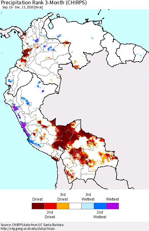 Northern South America Precipitation Rank 3-Month (CHIRPS) Thematic Map For 9/16/2020 - 12/15/2020