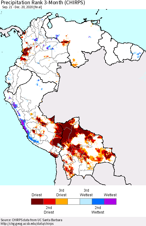 Northern South America Precipitation Rank 3-Month (CHIRPS) Thematic Map For 9/21/2020 - 12/20/2020