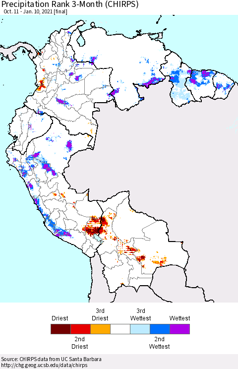 Northern South America Precipitation Rank 3-Month (CHIRPS) Thematic Map For 10/11/2020 - 1/10/2021