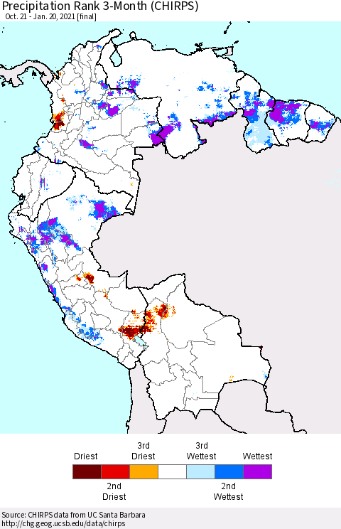 Northern South America Precipitation Rank 3-Month (CHIRPS) Thematic Map For 10/21/2020 - 1/20/2021