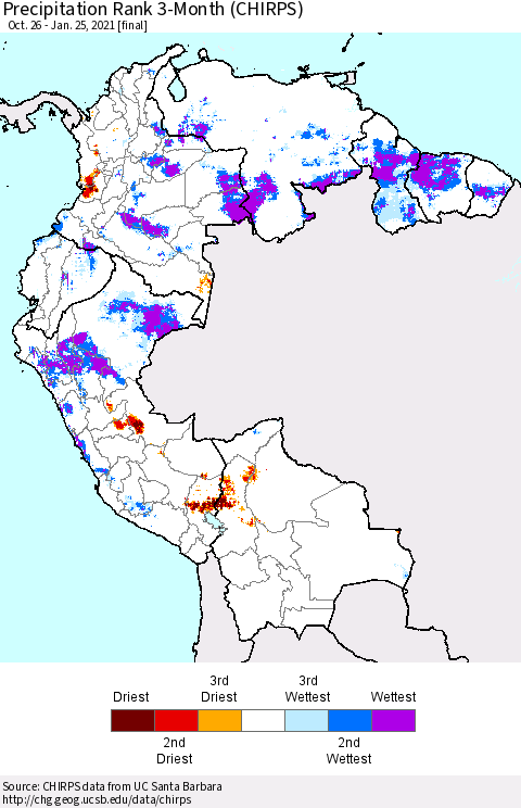 Northern South America Precipitation Rank since 1981, 3-Month (CHIRPS) Thematic Map For 10/26/2020 - 1/25/2021