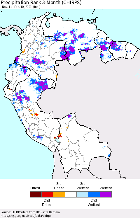 Northern South America Precipitation Rank 3-Month (CHIRPS) Thematic Map For 11/11/2020 - 2/10/2021