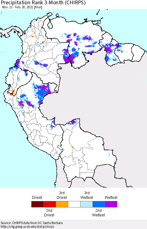 Northern South America Precipitation Rank 3-Month (CHIRPS) Thematic Map For 11/21/2020 - 2/20/2021