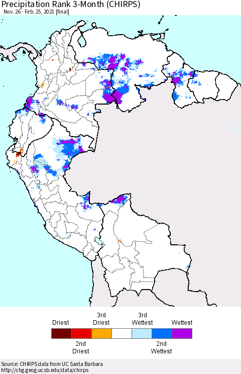Northern South America Precipitation Rank since 1981, 3-Month (CHIRPS) Thematic Map For 11/26/2020 - 2/25/2021
