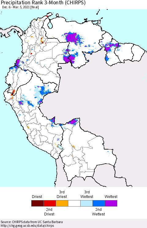Northern South America Precipitation Rank 3-Month (CHIRPS) Thematic Map For 12/6/2020 - 3/5/2021