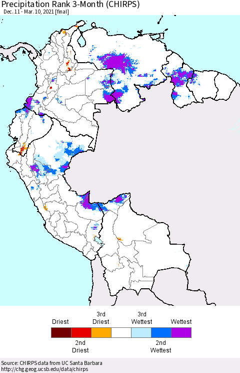 Northern South America Precipitation Rank 3-Month (CHIRPS) Thematic Map For 12/11/2020 - 3/10/2021